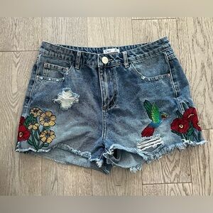 Dex Women's Blue Jean Shorts with Floral and Bird Embroidery in size US 28